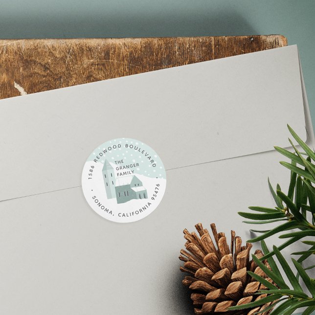 Snowy Village Return Address Classic Round Sticker (Creator Uploaded)