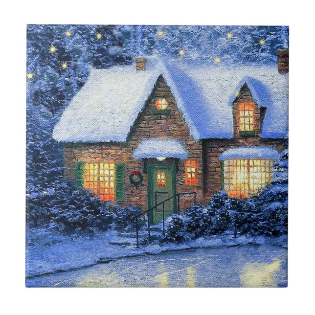Snowy Village Scene Painting Christmas Gift  Ceramic Tile (Front)