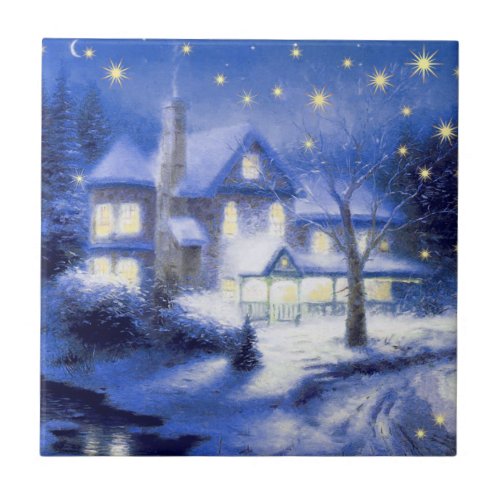 Snowy Village Scene Painting Christmas Gift  Ceramic Tile