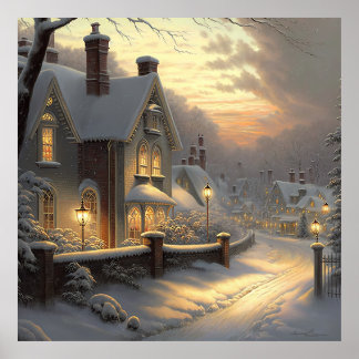 Snowy village scene poster