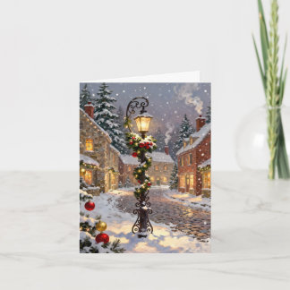 Snowy Village Scene with Lamppost  Holiday Card