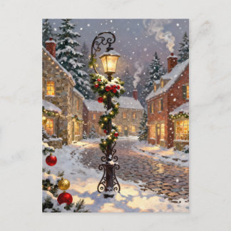 Snowy Village Scene with Lamppost  Holiday Postcard