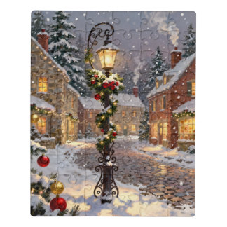Snowy Village Scene with Lamppost  Jigsaw Puzzle