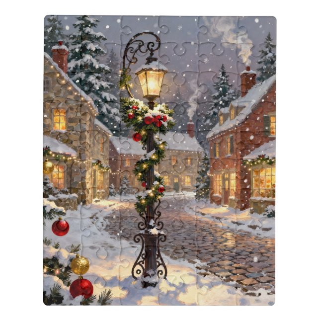 Snowy Village Scene with Lamppost  Jigsaw Puzzle (Puzzle Vertical)