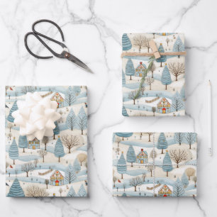 Snowy Village Scene Wrapping Paper Sheets
