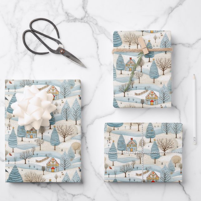 Snowy Village Scene Wrapping Paper Sheets (Front)