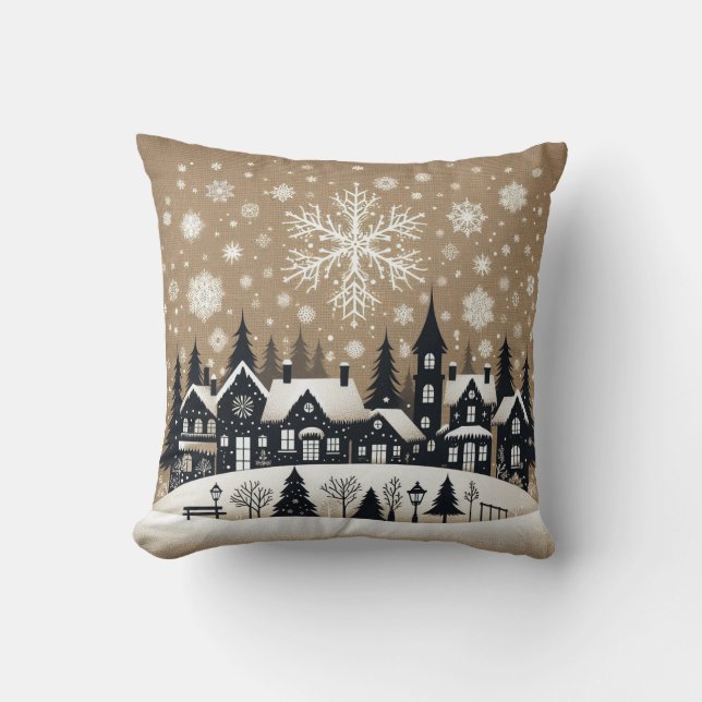 Snowy Village Silhouette  Throw Pillow (Front)