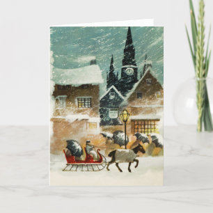 Snowy Village Sleigh Horse Blank Christmas Holiday Card
