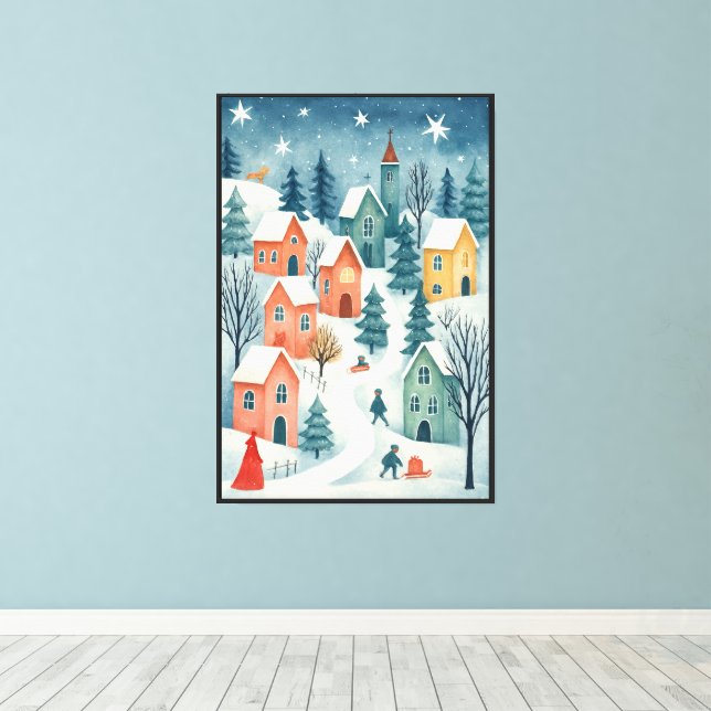 Snowy Village – Storybook Winter *Wall Art Canvas Print (Insitu(Wood Floor))