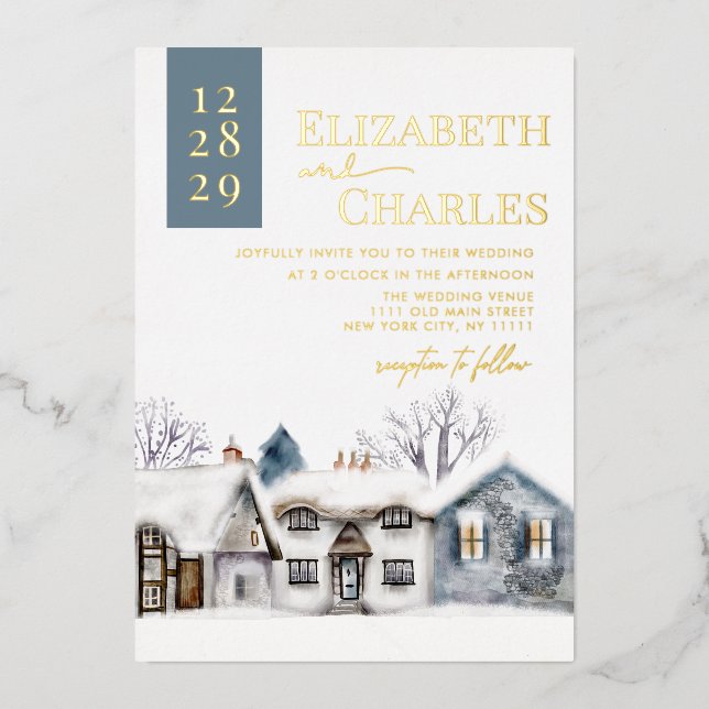 Snowy Village Town Whimsical Wedding Foil Invitation (Front)