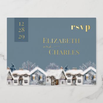 Snowy Village Town Whimsical Wedding Rsvp Foil Invitation Postcard by rusticwedding at Zazzle