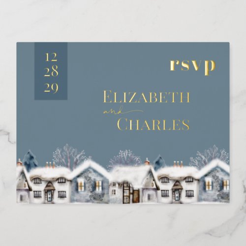 Snowy Village Town Whimsical Wedding RSVP Foil Invitation Postcard