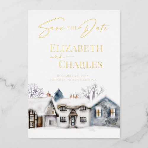 Snowy Village Town Whimsical Wedding Save The Date Foil Invitation