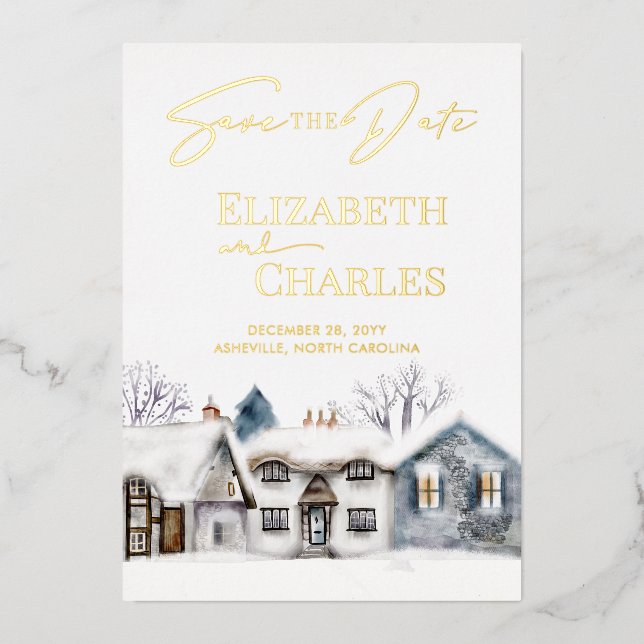 Snowy Village Town Whimsical Wedding Save The Date Foil Invitation (Front)