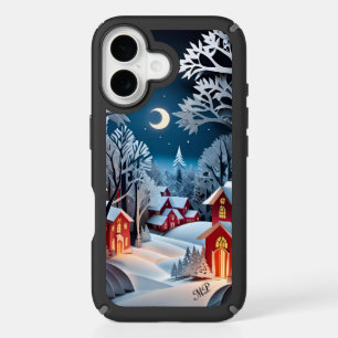Snowy Village Under Crescent Moon iPhone 16 Case