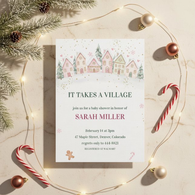 Snowy Village Winter Baby Shower Invitation ("snowy village baby"
"Holiday Baby Party")