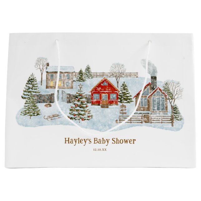 Snowy Village Winter Holiday Favors Large Gift Bag (Front)