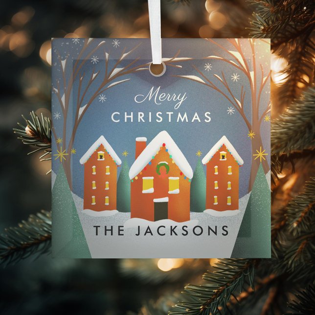 Snowy Village Winter Scene Christmas Glass Ornament (Creator Uploaded)