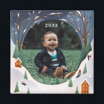 Snowy Village Winter Scene Christmas Photo Magnet<br><div class="desc">Original illustration of a snowy hillside village to surround your cute photo. Customize further to add more text</div>