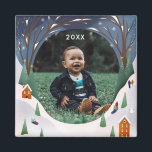 Snowy Village Winter Scene Christmas Photo Magnet<br><div class="desc">Original illustration of a snowy hillside village to surround your cute photo. Customize further to add more text</div>