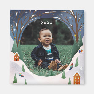 Snowy Village Winter Scene Christmas Photo Magnet