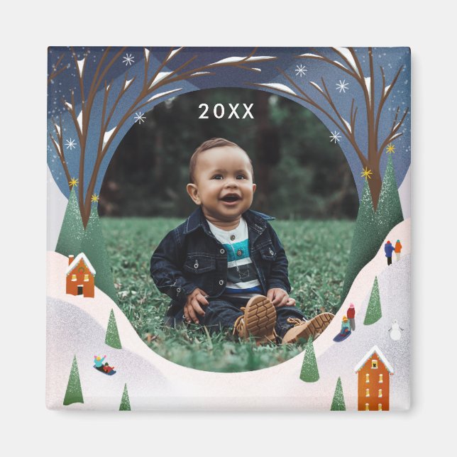 Snowy Village Winter Scene Christmas Photo Magnet (Front)