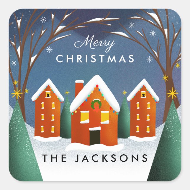 Snowy Village Winter Scene Christmas Square Sticker (Front)