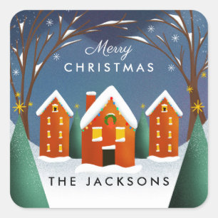 Snowy Village Winter Scene Christmas Square Sticker