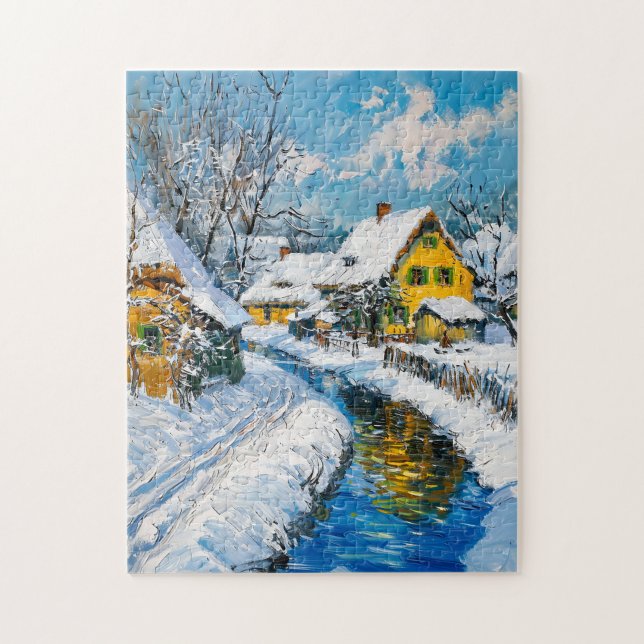 Snowy Village with Stream and Trees Fantasy Painti Jigsaw Puzzle (Vertical)