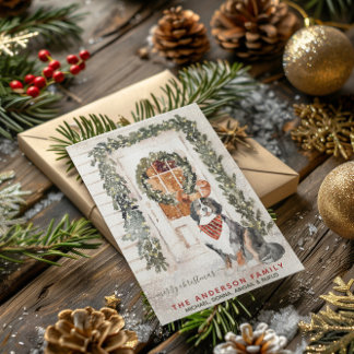 Snowy Vintage Bernese Mountain Dog Watercolor Holiday Card