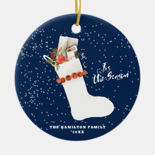 Snowy Vintage Stocking  Christmas Family Photo Ceramic Ornament