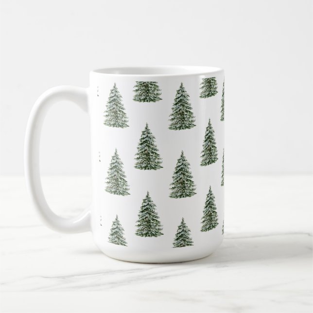 Snowy Watercolor Christmas Tree Pattern Coffee Mug (Left)