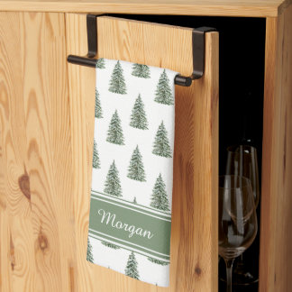 Snowy Watercolor Christmas Tree Pattern Kitchen Towel