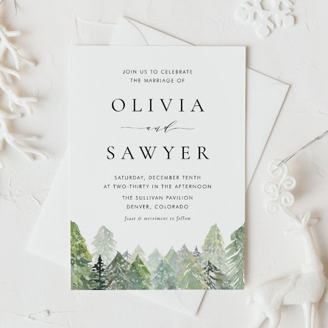 Snowy Watercolor Evergreen Forest Winter Wedding Invitation Postcard (Winter wedding invitation postcard featuring watercolor evergreens and falling snow.)