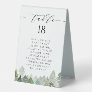 Snowy Watercolor Evergreen Forest Winter Wedding Table Tent