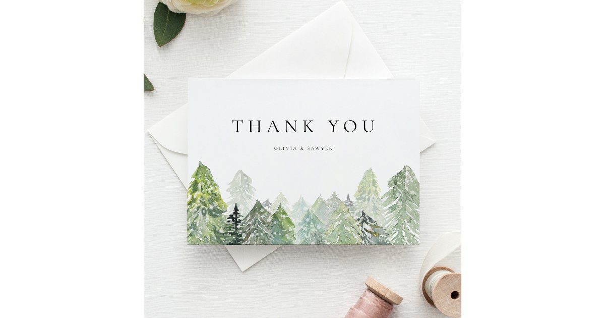 Snowy Watercolor Evergreen Forest Winter Wedding Thank You Card | Zazzle