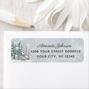 Snowy Watercolor Fir Trees in Winter Label