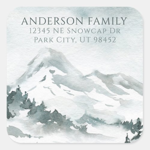 Snowy Watercolor Mountain Small Return Address Square Sticker