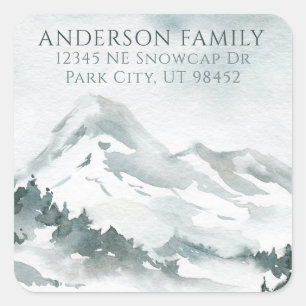 Snowy Watercolor Mountain Small Return Address Square Sticker