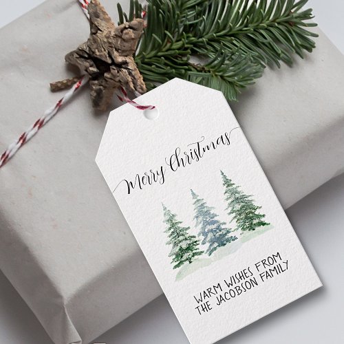 Snowy Watercolor Pine Trees Rustic Merry Christmas Gift Tags