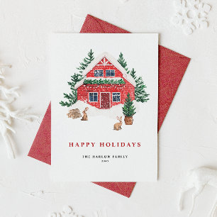 Snowy Watercolor Red Cottage Evergreen Forest Holiday Card