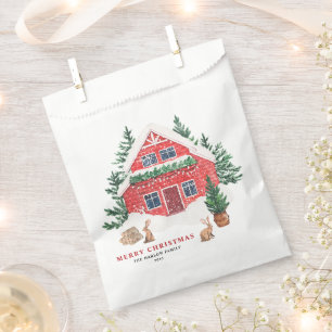 Snowy Watercolor Red Cottage Woodland Christmas Favor Bag