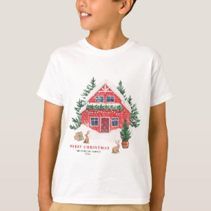 Snowy Watercolor Red Cottage Woodland Christmas T-Shirt