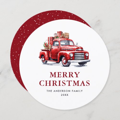 Snowy Watercolor Red Truck Merry Christmas Cards