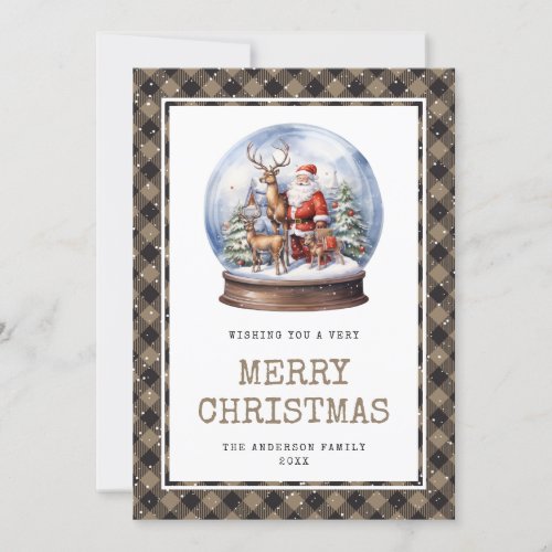 Snowy Watercolor Santa Plaid Merry Christmas Card