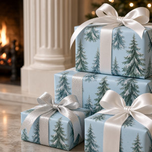 Snowy Watercolor Winter Pine Tree Light Blue Wrapping Paper
