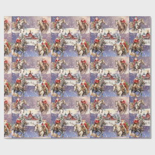 Snowy Western Christmas Horseback Santas, Red Barn Wrapping Paper