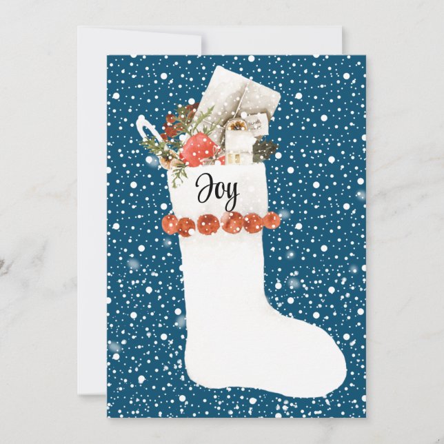 Snowy White Christmas Stocking with JOY, Editable Holiday Card (Front)