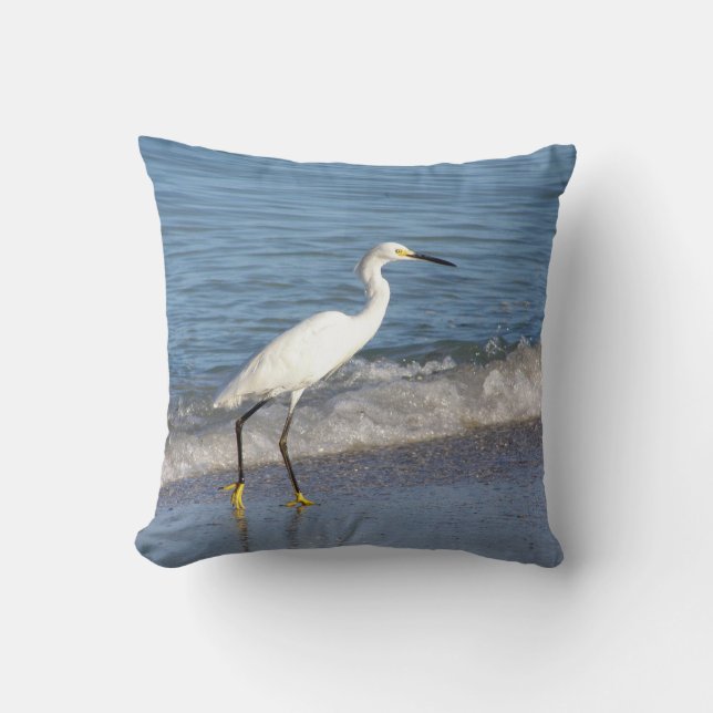 Snowy White Egret in Surf Throw Pillow (Front)