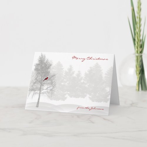 Snowy White Forest with Red Cardinal Holiday Card